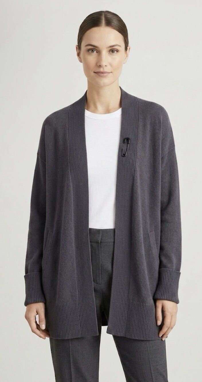 J. Jill Silk Wool Blend Open Cardigan Sweater Longline Knit Gray Safety Pin Sz S